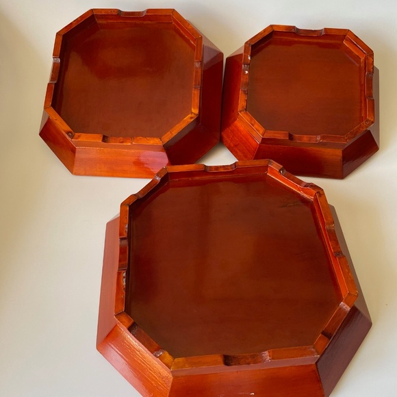 Korean Wooden Lacquer Serving Bowls Set of 3 Octagon Shaped Stackable Vintage - Picture 8 of 9